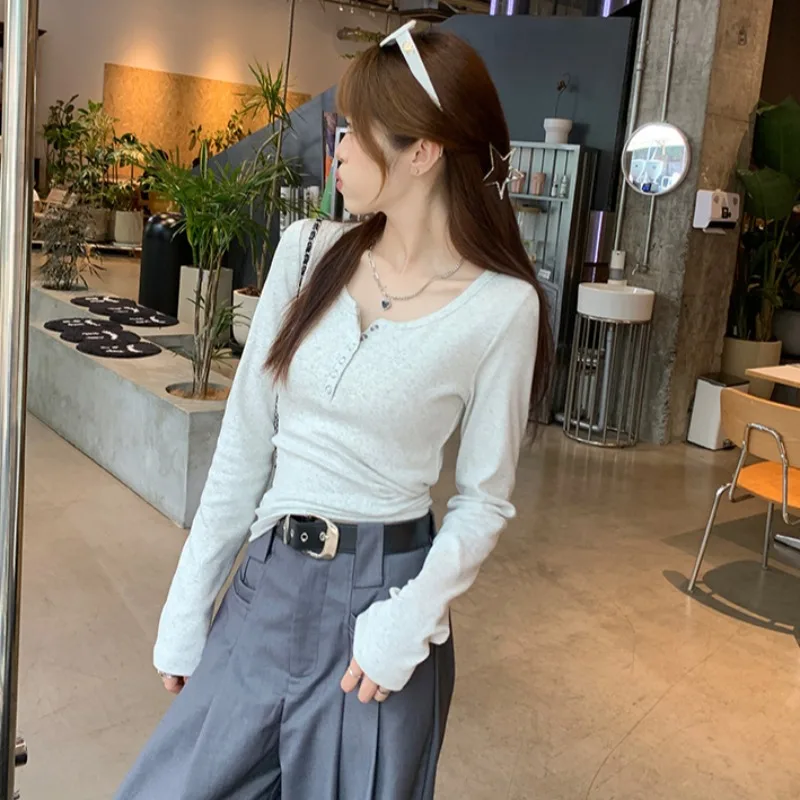 تي شيرت نسائي بأكمام طويلة متين وبسيط ومتوافق مع تصميم كاجوال بصدر واحد ملابس علوية للتخسيس Ulzzang High Street College Inner