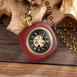 Retro Unique Royal Red Wooden Bamboo Hand Winding Mechanical Pocket Watch Square Dial with Gold Chain Men Hour Clock Gifts 2023