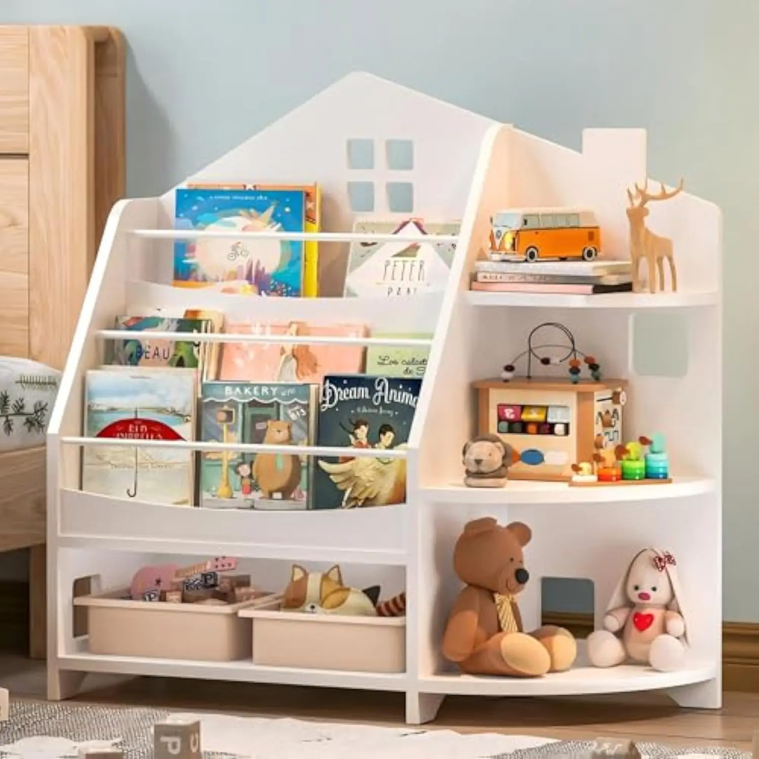

3 Tier Kids Bookshelf Bookcase, House Shape Book Shelf for Kids Rooms Nursery, Montessori Bookshelf, Kids Book Shelf and Toy St