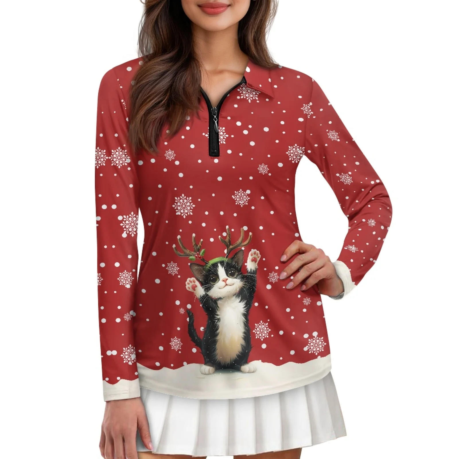 PENSTROLL Cat Snowflake Print Womens Plus Size Golf Tops Athletic Fit Zip Polo Tennis Top for Casual