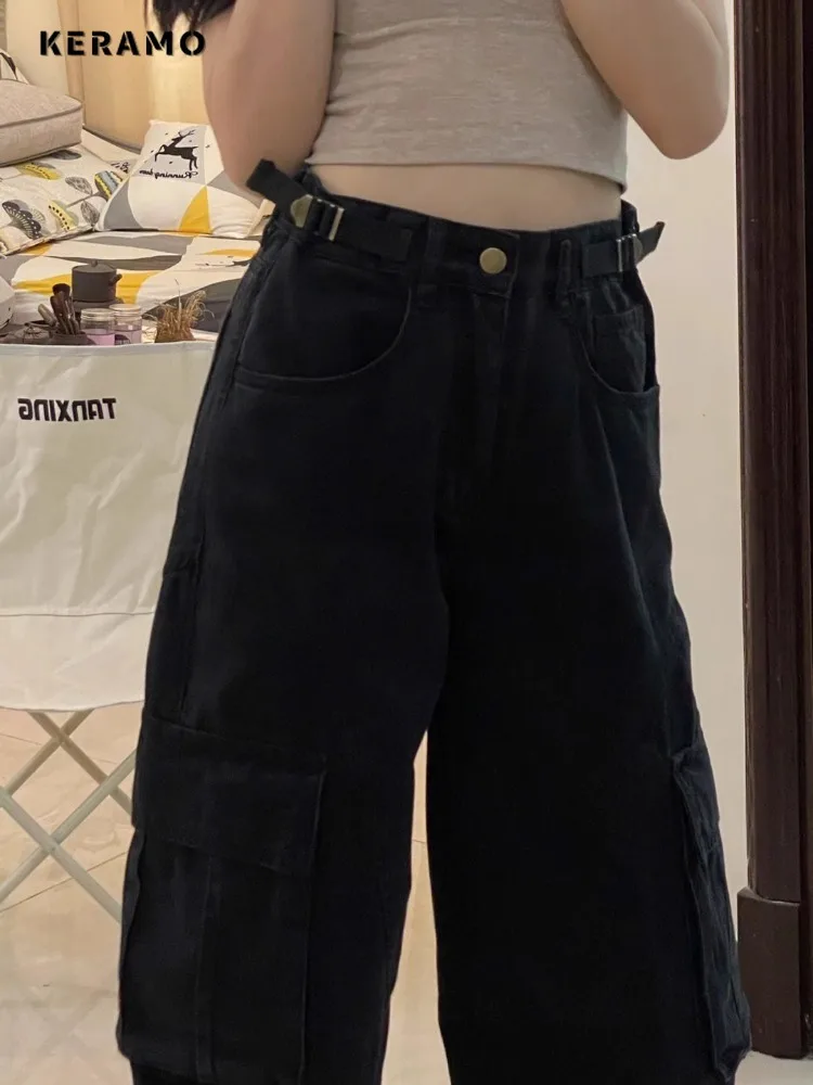 Women\'s Vintage High Waist Loose Pockets Jeans Streetwear Trashy Style Pants 2024 Summer Y2K Wide Leg Black Baggy Denim Trouser