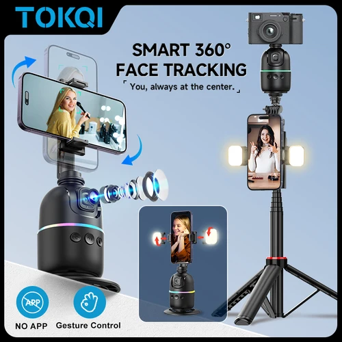 TOKQI-P03 Gimbal de Seguimiento Facial Automático con IA - Soporte Rotativo 360° para Smartphone y Cámara de Acción, Ideal para Vlogs y Transmisiones en Vivo