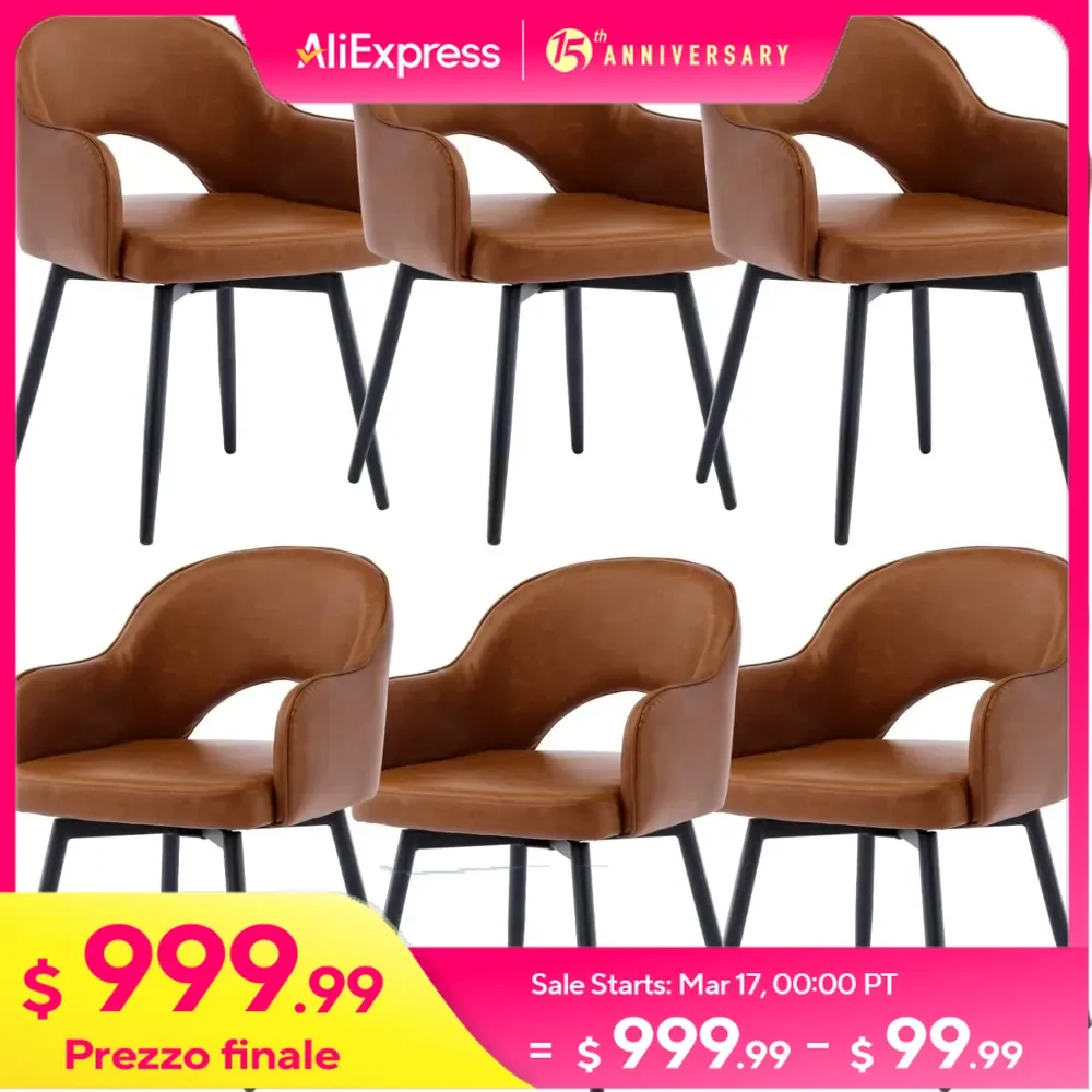 6 Piece Swivel Dining Chairs Set, Chair PU Leather with Hollow Backrest Metal Legs for Dining Room Kitchen, Side Chair