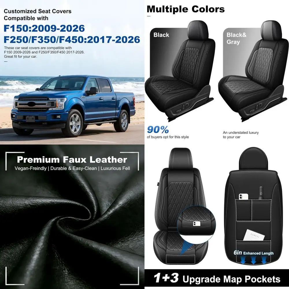 

Front Seat Covers for 2009-2026 Ford F150 and 2017-2026 F250-F450 Super Duty - Black Leather, Scratch-Resistant Protectors