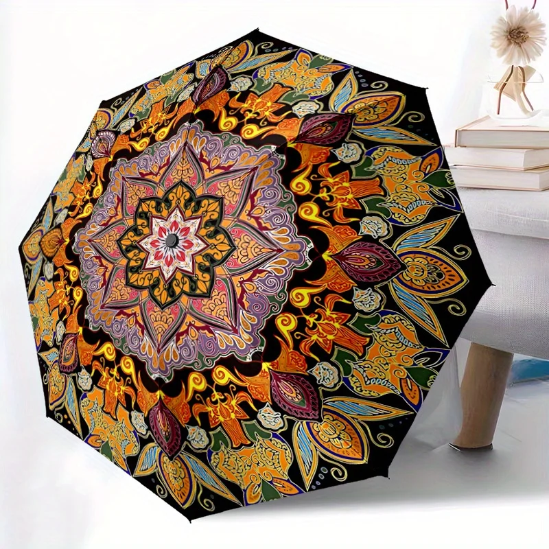 

1pc Mandala Pattern Automatic Folding Umbrella - Portable Foldable Design with 8 Ribs, Durable Plastic & Iron Frame, Casual Ou