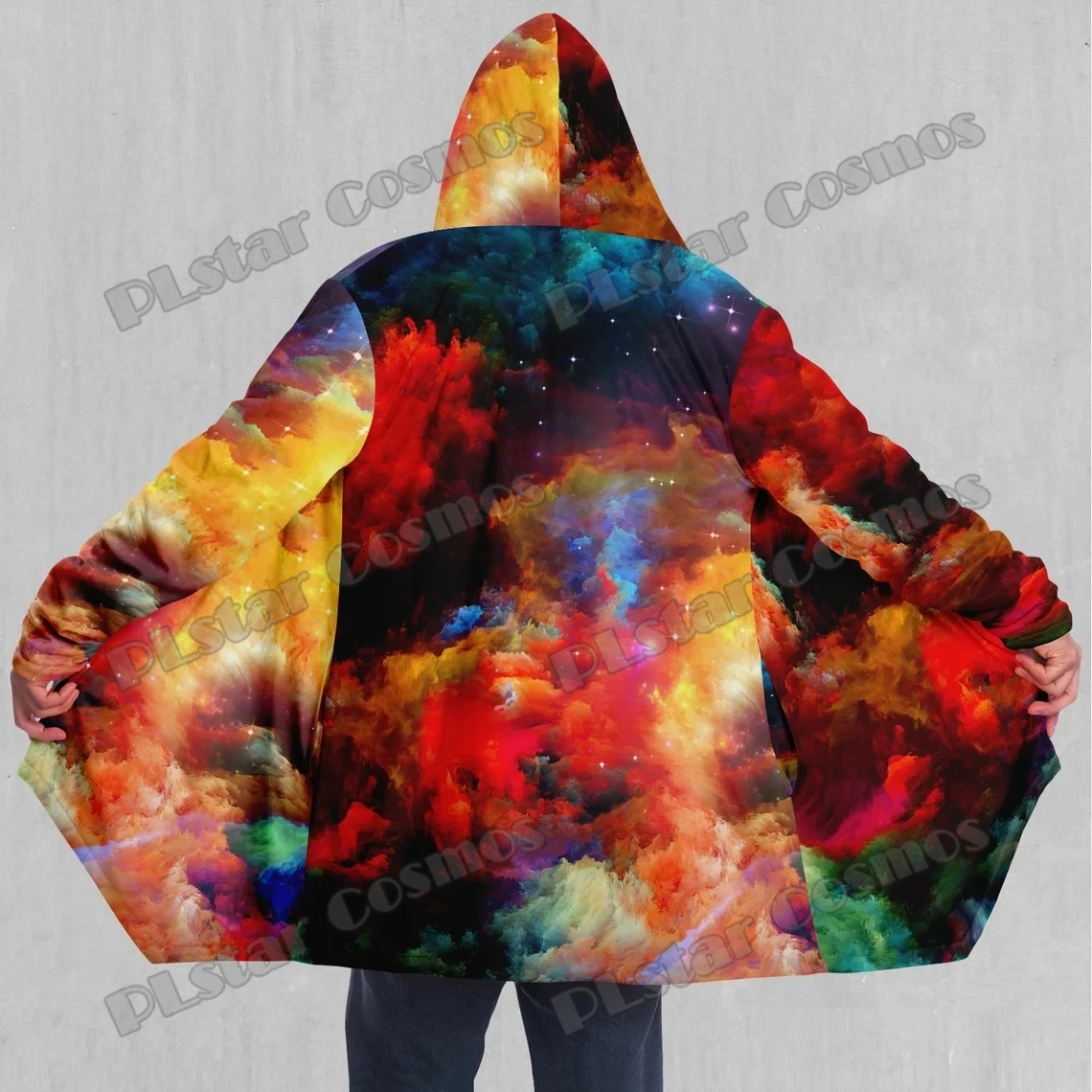 Rainbow Galaxy Outer Space  3D Printed Fashion Men's Sherpa Lined Hooded Cloak Winter Unisex Casual Thick Warm Cape Coat DP82