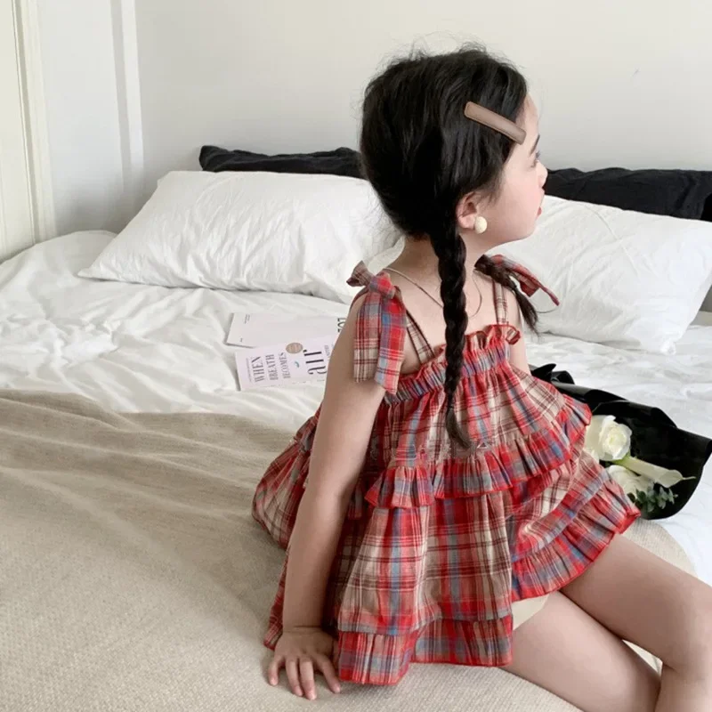 

Girls Dress Korean Style 2023 Summer New Fashionable Plaid Suspender Skirt Sweet Plaid Top Shorts Casual Sweet Top for Girls