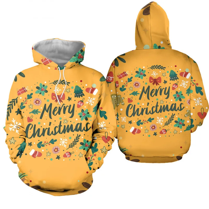 Europe And The United States All-match Christmas Theme Sweater Full Print Floral Christmas Element Letter Hooded Sweater Style