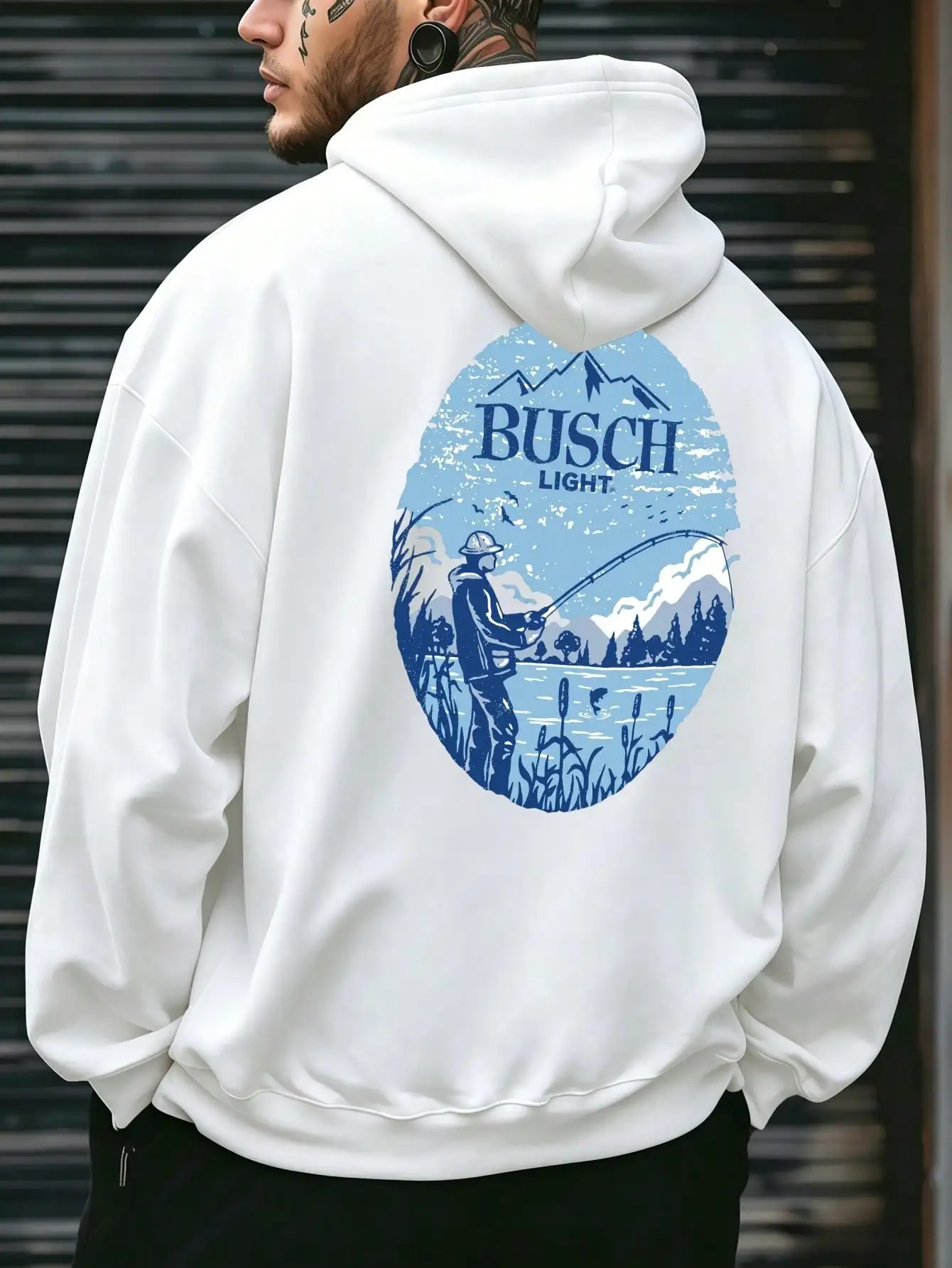 Mens Double Sided Graphic Hooded Sweatshirt Pullover Print Fishing Fisherman Catching Fish Retro Style Vintage Streetwear Casual Apparel Clothing Tops