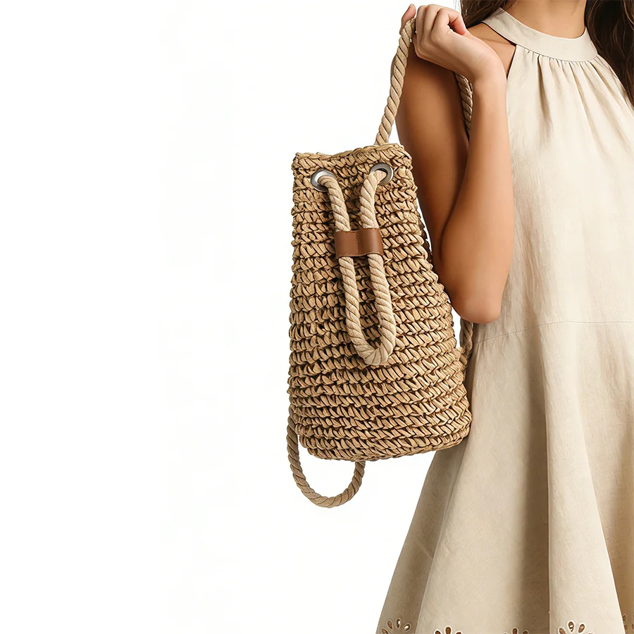Summer Women Straw Backpack Handmade Woven Beach Bag Drawstring Knapsack Female Knitted Bohemian Fashion Shoulder Travel Bags 배낭