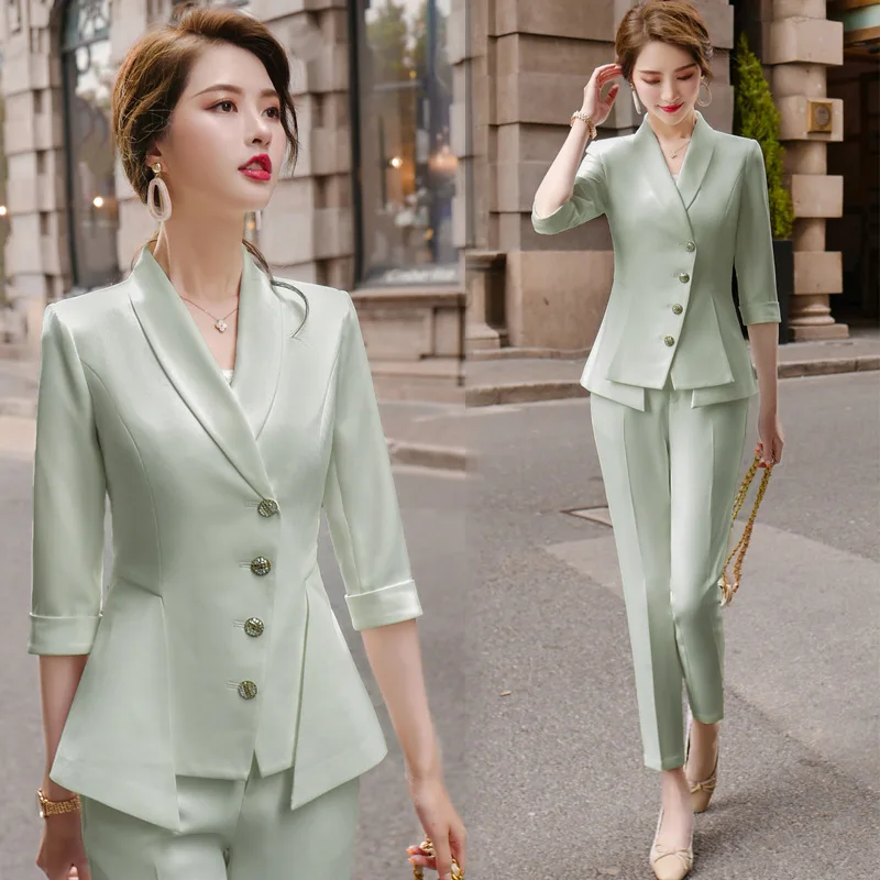 Spring Summer Half Sleeve Blazer and Pant Suit Beige Black Green Office Ladies Formal Business Work Wear Two Piece Set