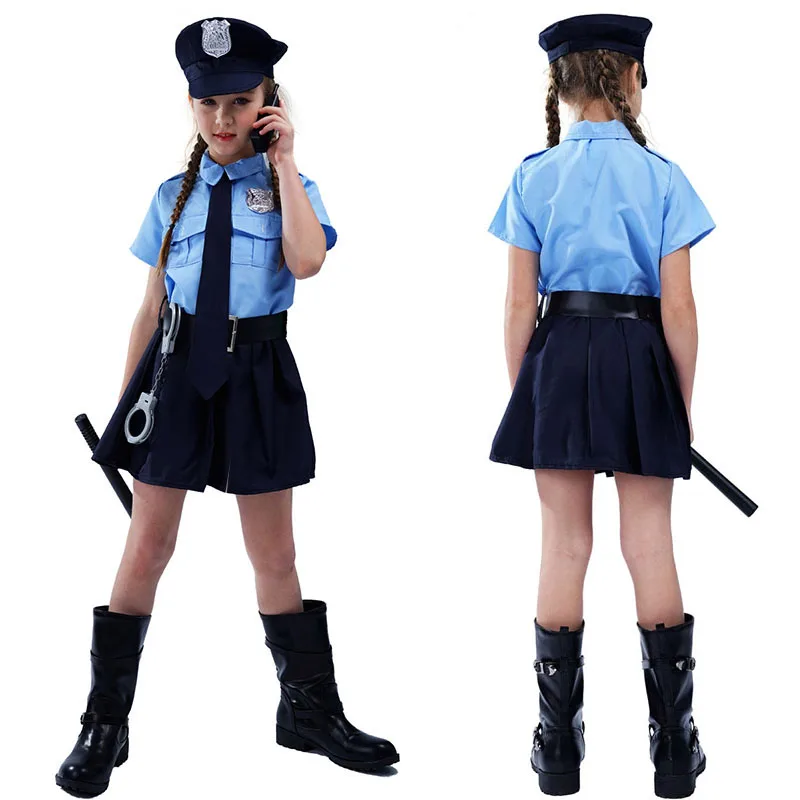 

Halloween Kids Police Officer Uniform Costumes Cosplay Girl's Blue Police Dresses Costume for Christmas Party