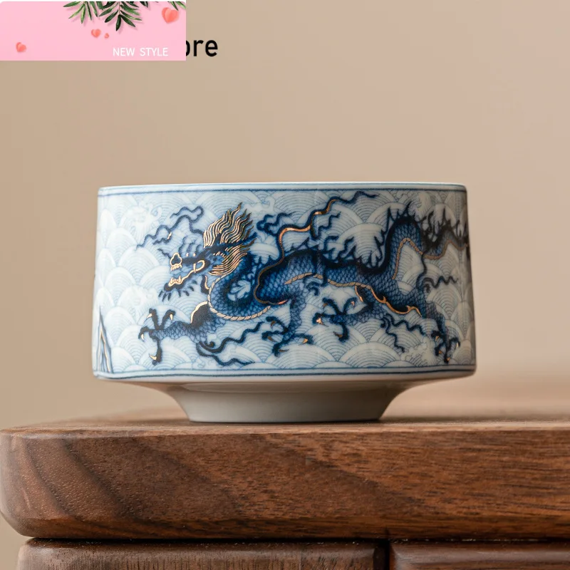 

120 мл высококачественная керамическая чашка с инкрустацией золотом и серебром, синяя и белая чашка «Мастер дракона», персональная чайная чаша с прямым горлышком, кружка Цзяньхан