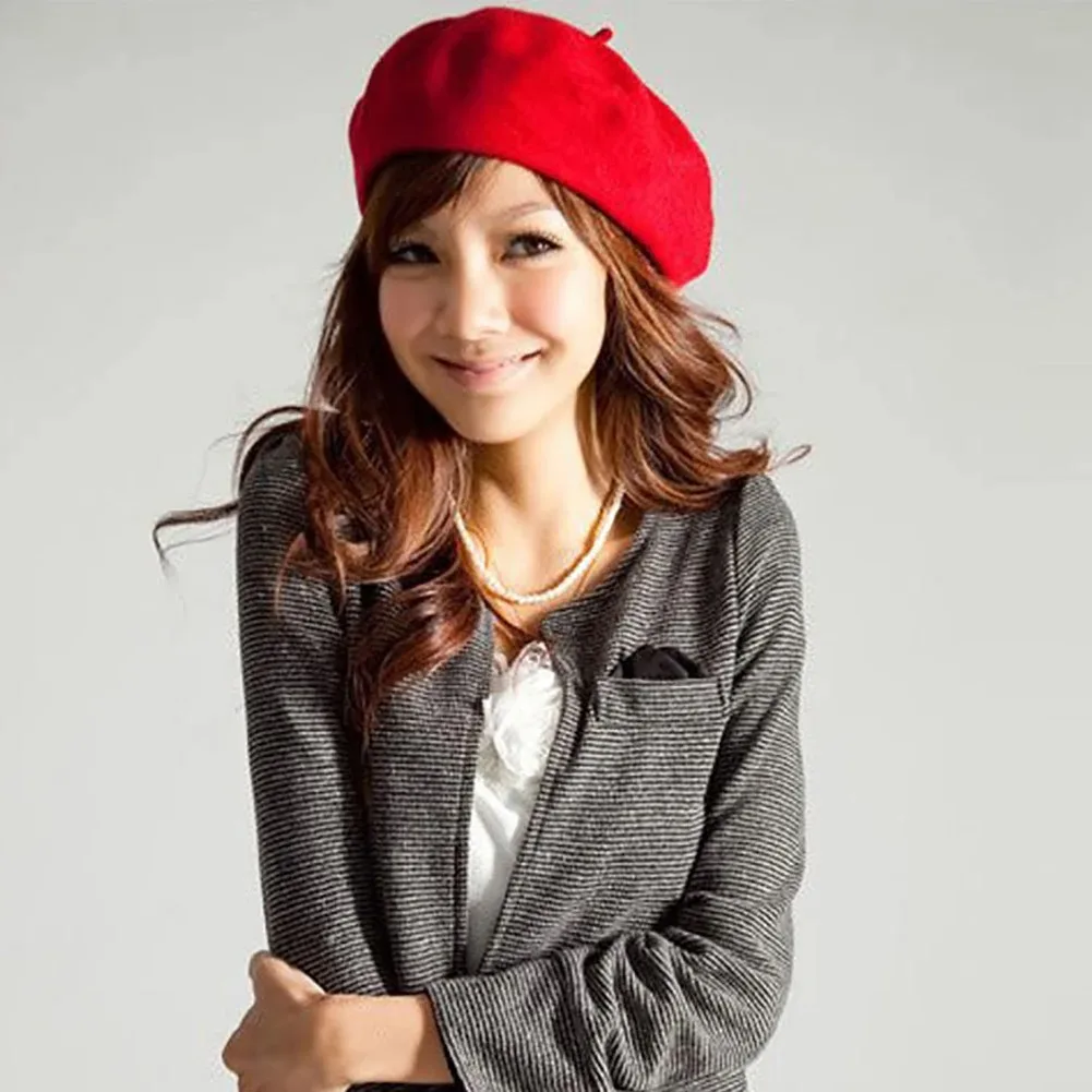 Beret Women\'s Fashion Retro Casual Wool Beret Artist Hat Wool Versatile Knitted Round Top Bud Hat Warm Hat