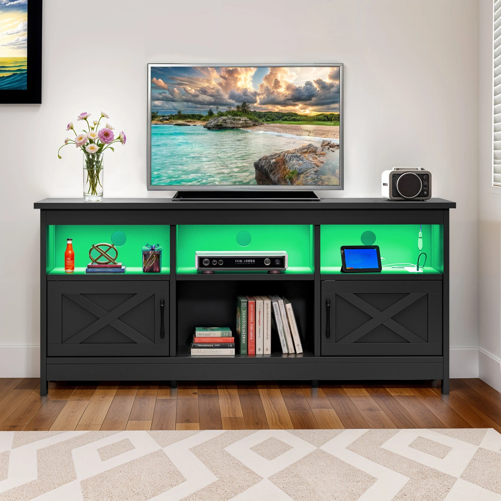 

TV Stand Cabinet for 65 inch Entertainment Center Open Shelves Power Outlets
