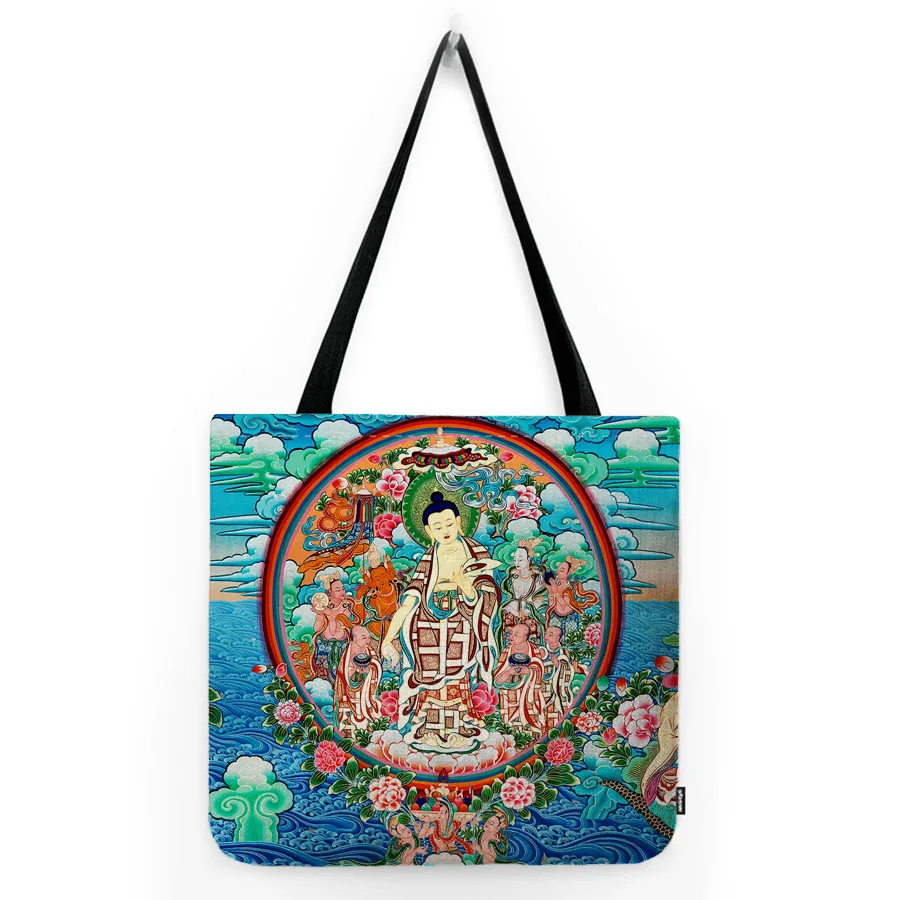 Buddhism Tibet Tangka Buddhists Worship Bodhisattva Monk Nun Thailand Buddha Culture Art Foldable Linen Tote Bag Shoulder Bag