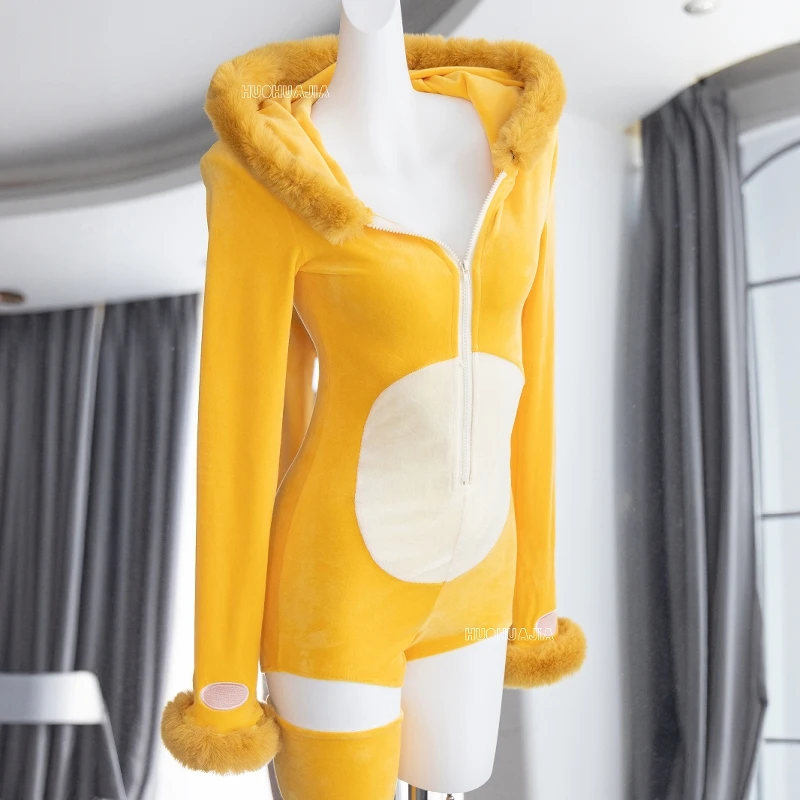 Women's Lingerie Yellow Bodysuit Plush Hooded Romper and Socks with Belt and Tail Nailong Cosplay Costume