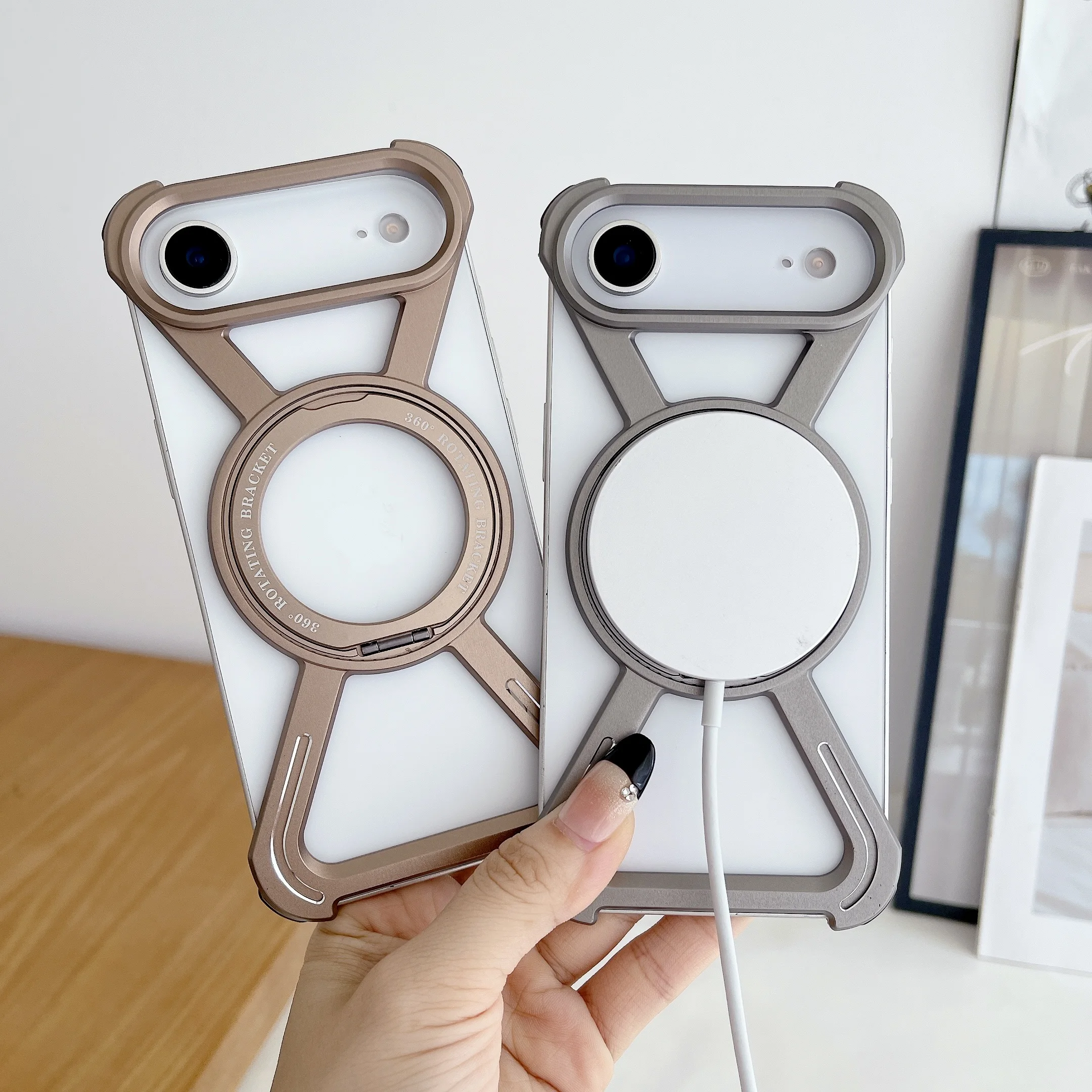 Titanium Metal Alloy Magnetic Case For iPhone Air 360° Rotation Stand Holder Frameless Protective Wireless Charging Phone Cover
