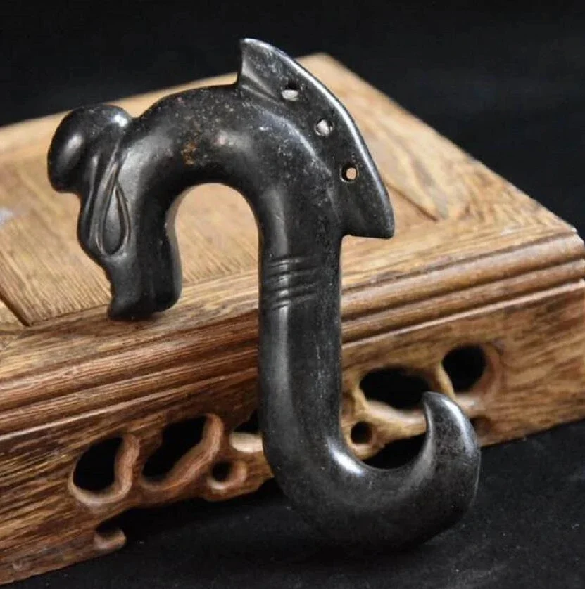 Hongshan Culture Archaize Black Iron Meteorite Sculpture Jade Pig Dragon Statue #2