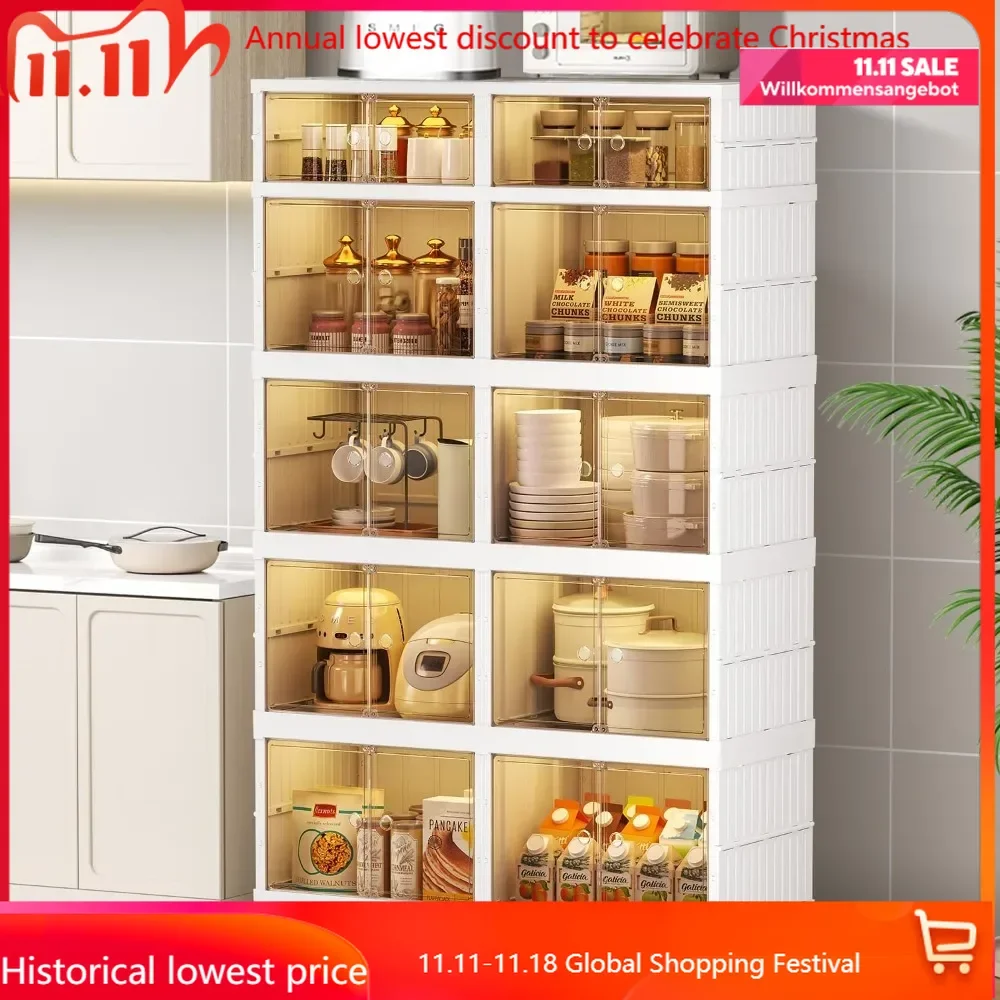 

Pantry Storage Cabinet Plastic Foldable with Doors Clear Collapsible Storage Cabinet with Wheels Large Folding Stackable Closet