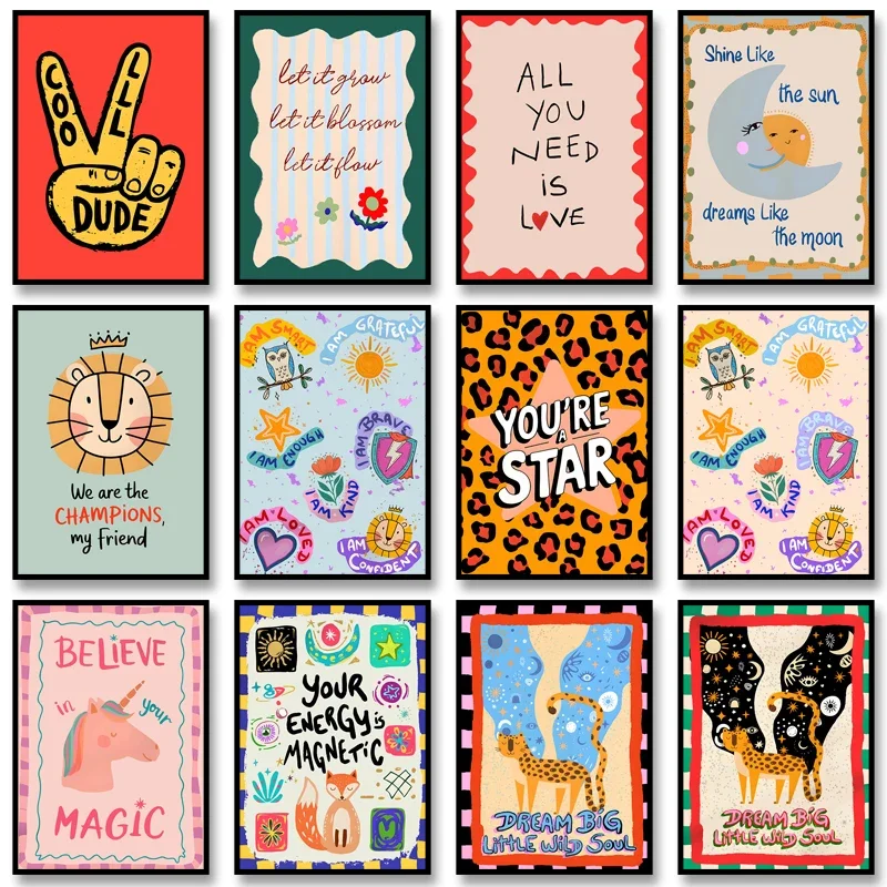 Motivational Kids Positive Affirmation Poster Boho Print Canvas Painting Vintage Wall Art Picture for Nursery Home Decoration