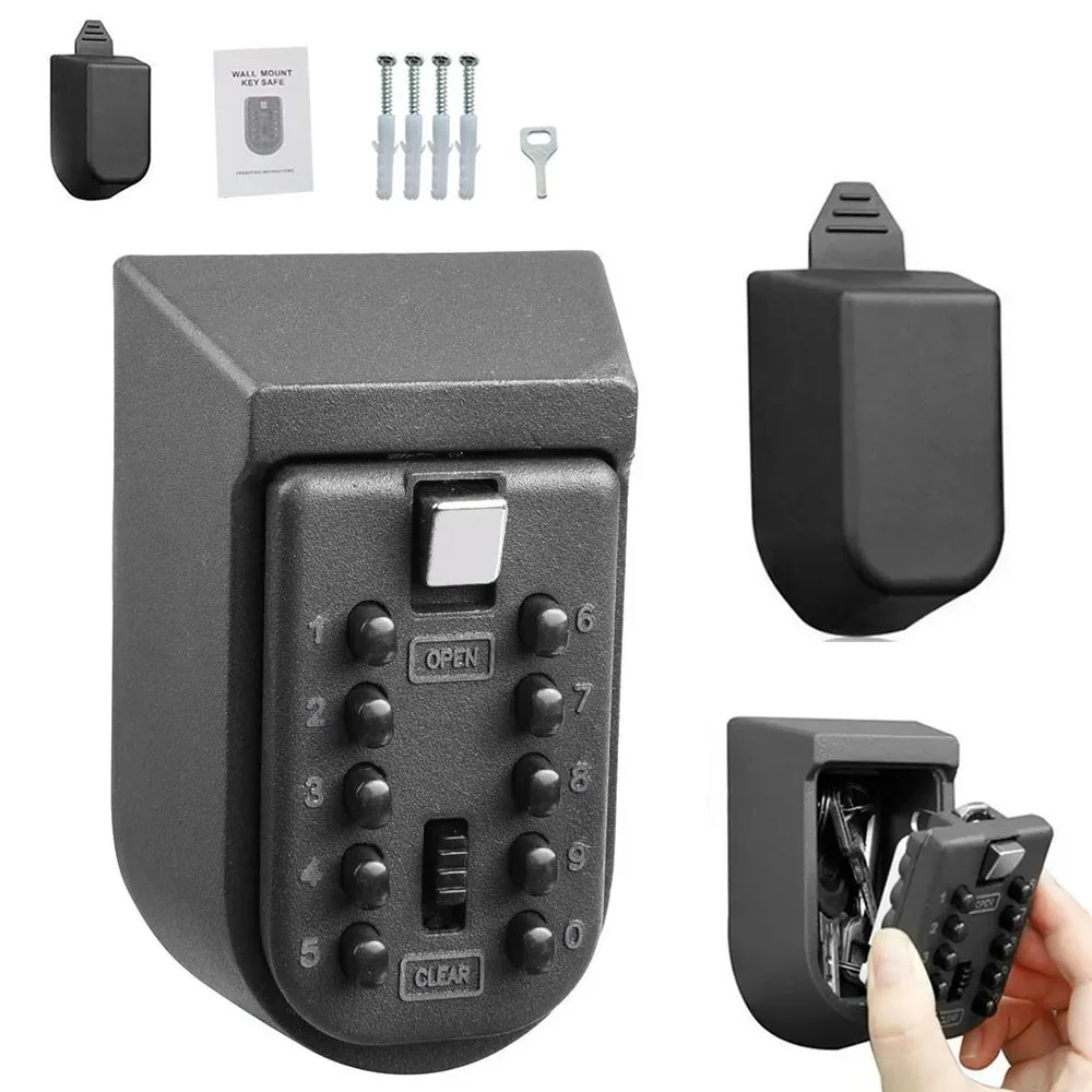 Key Lock Box for Outside Wall Mount Waterproof Spare Key Storage Box 10-digits Combination Lockbox Push Button Key Keeper Box