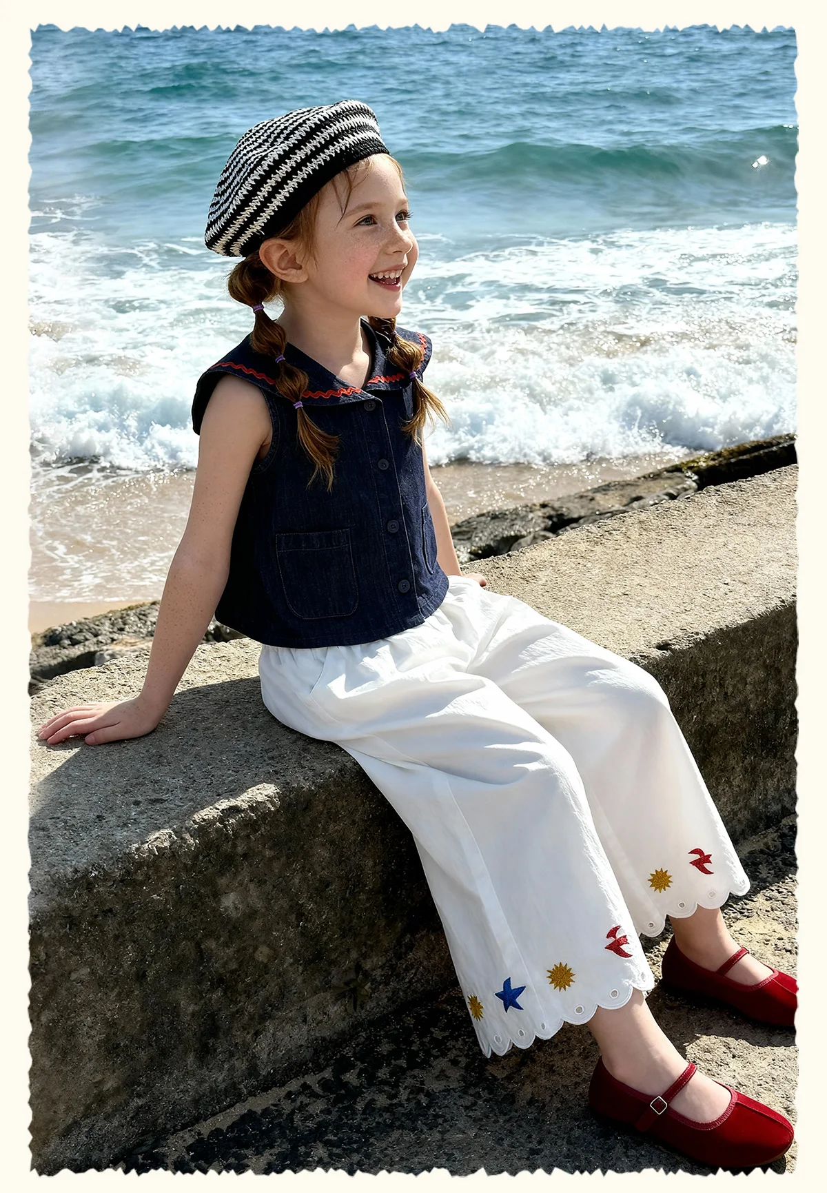 Amila 2026 Sommer Neue Kinder-Freizeithose mit Blumen- und Vogelstickerei, lockerer, lässiger Stil, einfarbig, weites Bein – Detail 13