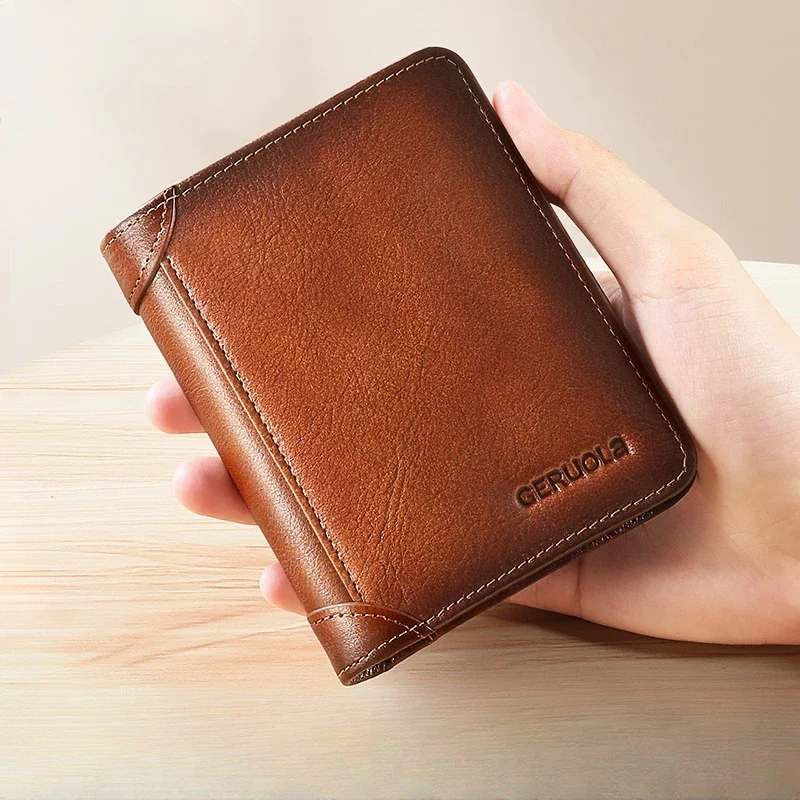 Genuine Leather Rfid Protection Wallets for Men Vintage Thin Short Multi Function ID Credit Card Holder Money Bag