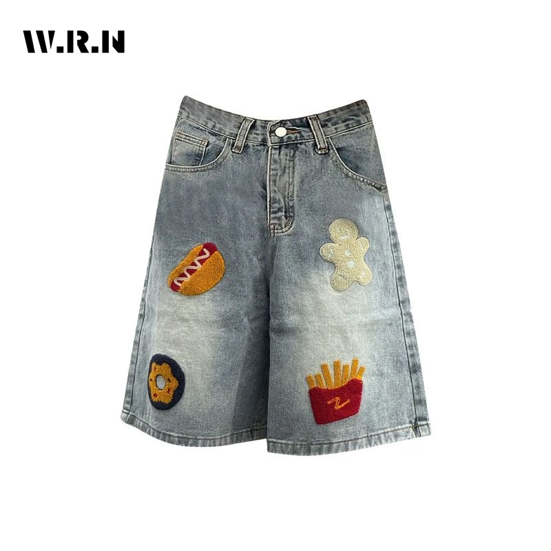 

2024 Summer Y2K Harajuku High Waist Street Style Baggy Jean Shorts Women Casual Cartoon Appliques Loose Fit Blue Denim Shorts