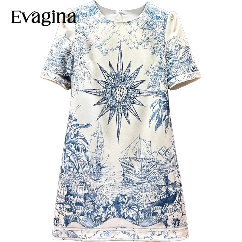 

Evagina Fashion Vintage Print Diamonds Elegant Mini dress Spring Summer Women's Short Sleeved 2023 New Holiday Dresses