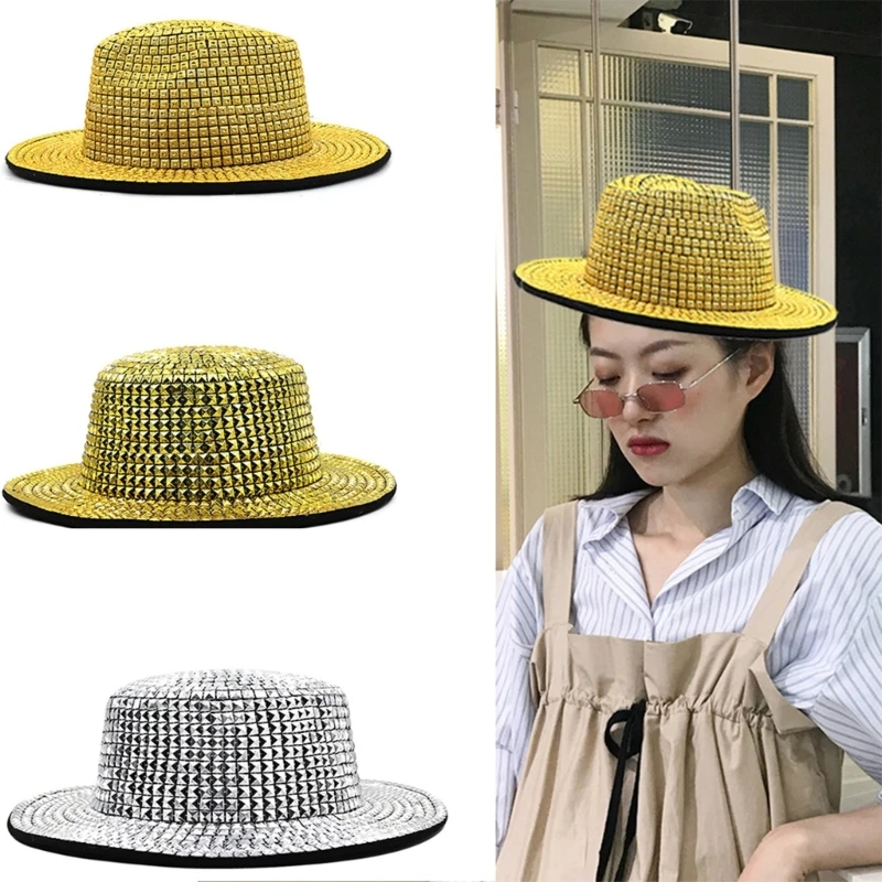 

Sparkly Rivet Reflective Panama Hat Western Women Men Solid Color Club Top Hat Carnival Music Festival Party Cosplay Photo Props