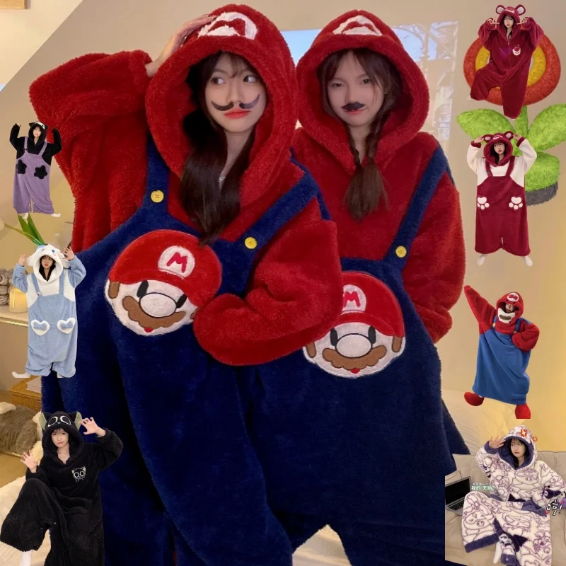 

Kawaii зимний Kuromi Cinnamoroll, плюшевый комбинезон для взрослых, пижамы, комбинезоны в стиле аниме для девочек, теплая домашняя одежда с защитой от ударов, толстовка, ночное белье, подарки