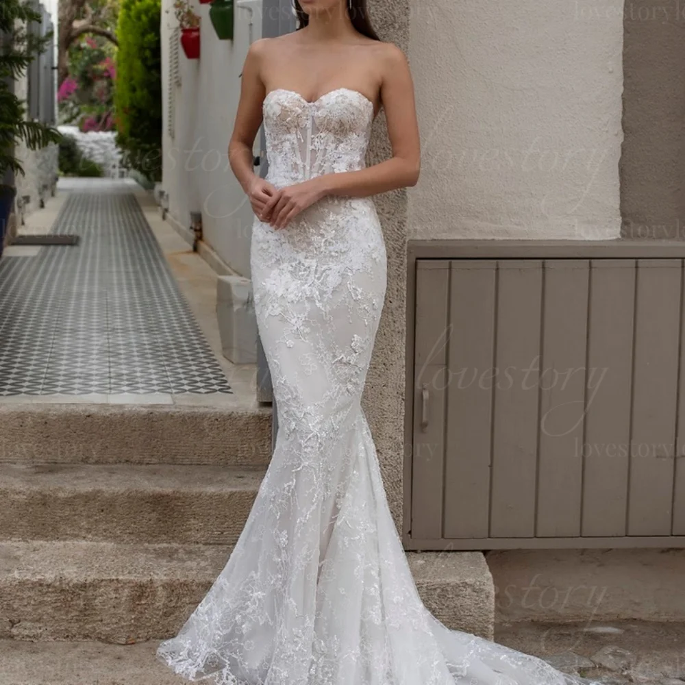 Abiti da sposa di lusso in pizzo Boho personalizzati Abiti da sposa a sirena con scollo a cuore Abiti da sposa Illusion vestido de novia
