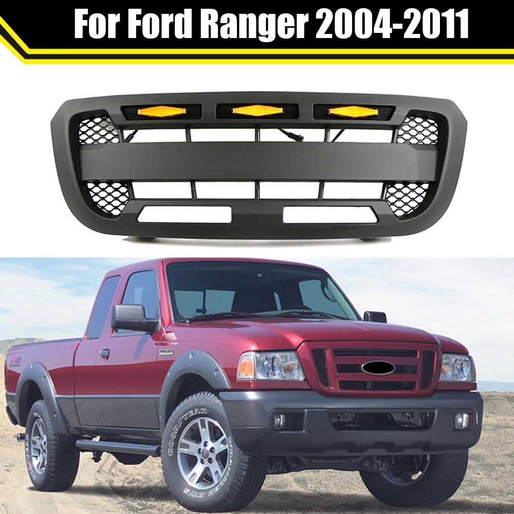 

Car Modified ABS Front Bumper Mask Grille Racing Grill with LED Lights Auto Exterior Parts Black For Ford Ranger 2004-2011