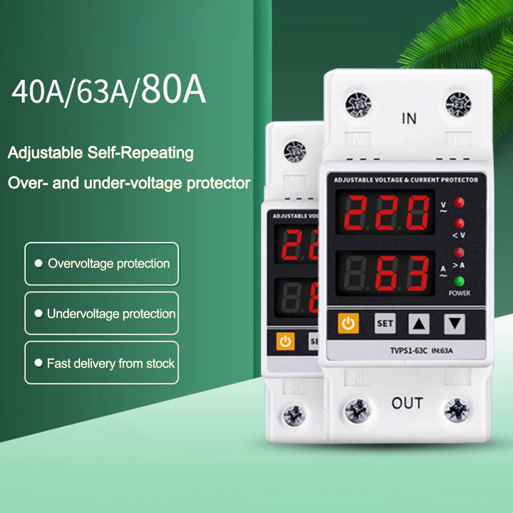 Dual Display 40A 230V Din Rail Adjustable digital Over Under Voltage Relay Surge Protector Limit Over Current Protection