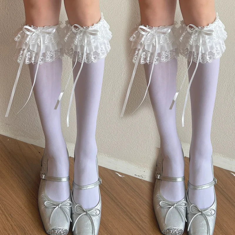 Y2K Spitzen-Rüschen-Schleifenkniestrümpfe JK Lolita Damen Mädchen Strümpfe Japanischer Stil Kawaii Niedliche Spitzenkniestrümpfe