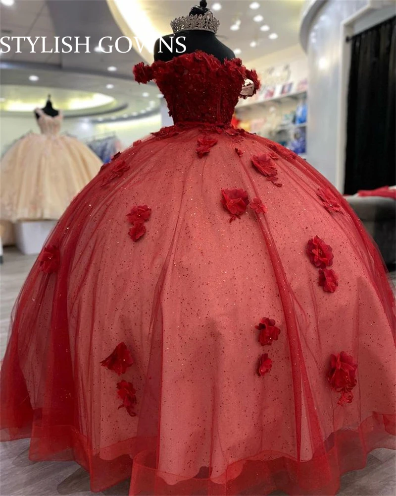 Vestidos de princesa Quinceanera frisada vermelha para menina, Fora do vestido de baile, Sweet 15, 16, Vestido de baile, Flores 3D