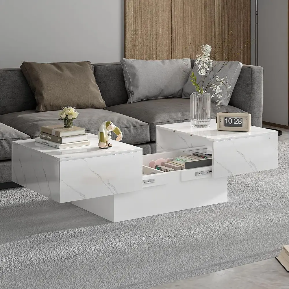 

Marble ern Coee Table with Storage or Living Room, Living Room Table Recular Center Tables, Sliding Top with Hidden Storage, Woo