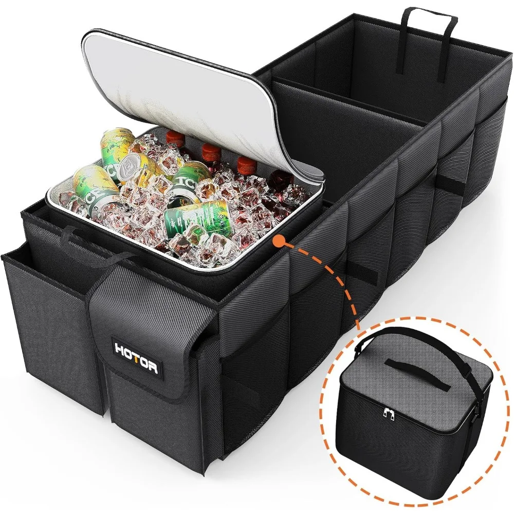 

trunk organizer, sturdy foldable with cooler for car & suv, 3 compartments, black, 30.90”×12.60”×10.63”