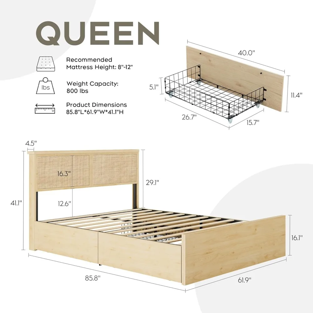 Queen Bed Frame with Natural Rattan Headboard and Wooden 4 Storage Drawers,  Strong Wooden Slats Support, Bed