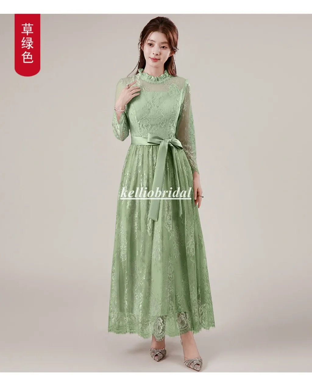 

Customized Green Mother of the Bride Dress Long Sleeve Lace Elegant Women Wedding Party Gown with Belt YSM197