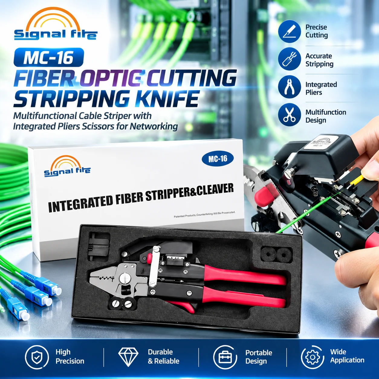 MC-16 Signal Fire Fiber Optic Cutting Stripping Knife Multifunctional Cable Striper with Integrated Pliers Scissors for Networki