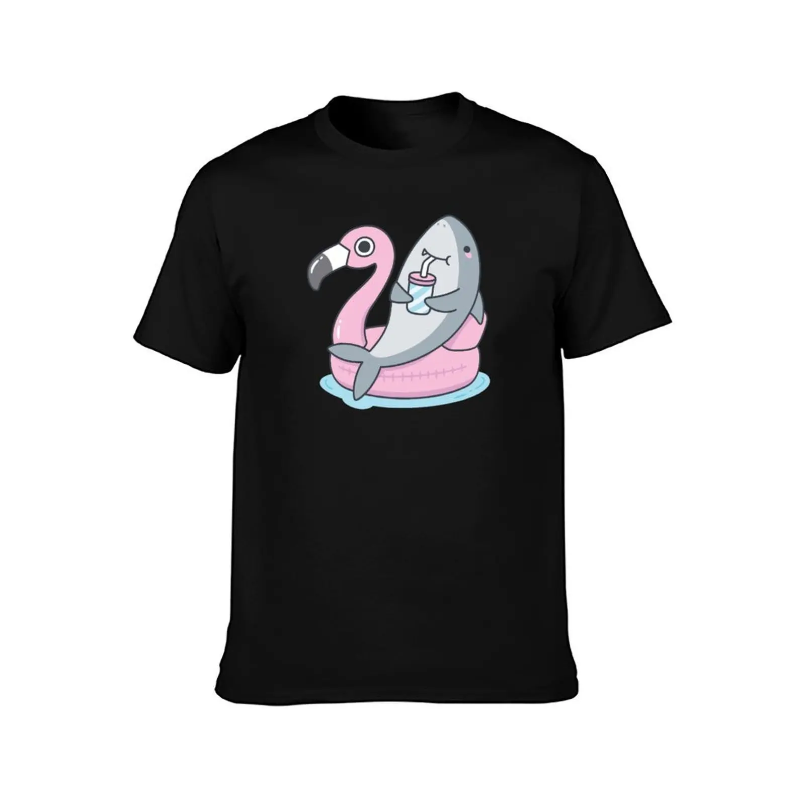 Cute Shark Chillin On Flamingo Pool Float T-Shirt Urban Casual Loose Fit Tee T-Shirt