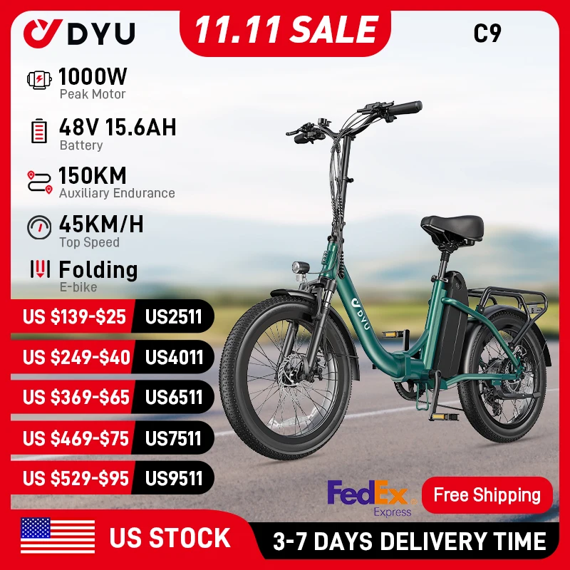 DYU C9 دراجة كهربائية الذروة 1000 واط موتور 48V15.6AH بطارية ليثيوم دراجة كهربائية الفرامل الهيدروليكية 20*3.0 بوصة الدهون الإطارات E-الدراجة