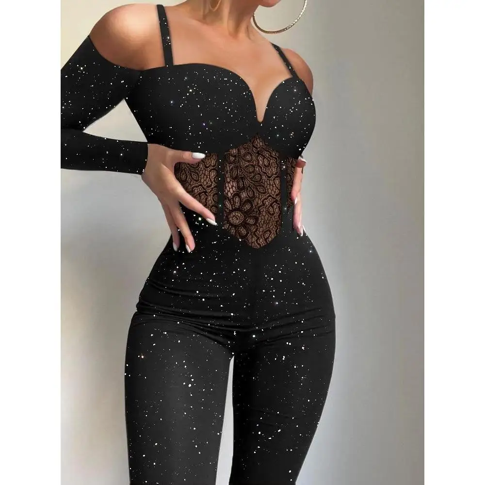 

Glitter Cold oulder Contrast Lace Corset Jumpsuit Women's Street Sle High Waist Long Pants Thin Polyester Spring 2023