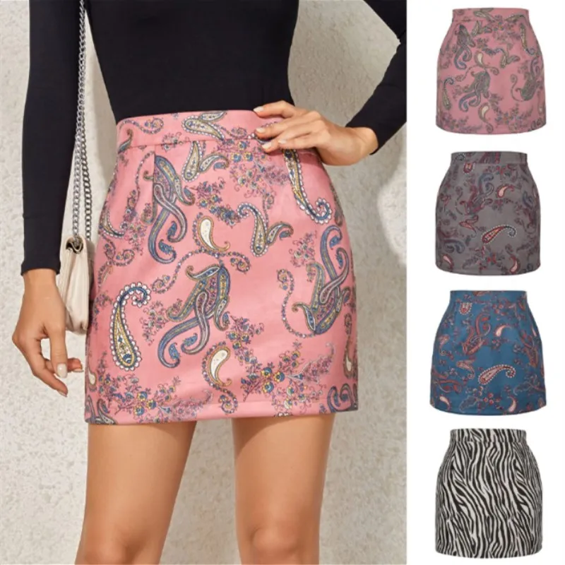 2021 Women's Suede Printed Skirt European  American Autumn Winter Fashion Cashew Flower Zipper A-shaped Skirt Girl Zebra stripes