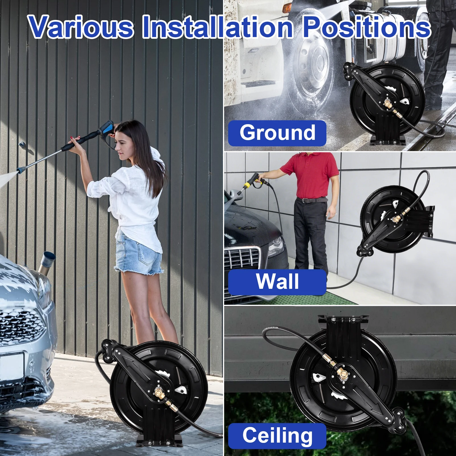 Heavy Duty Pressure Washer Hose Reel 50 FT x 0.59 Inch, Industrial Grade Steel Double Arm Manual Crank Reel, 4000 PSI High Pressure Washer Hose Storage, Wall Floor Ceiling Mounted Swivel Bracket for Air Water Liquid Use view 7