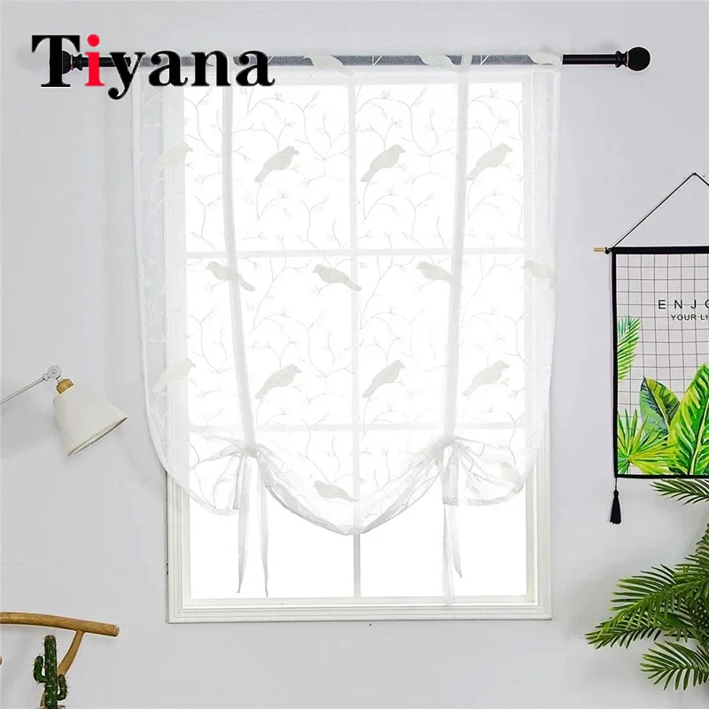 White Birds Embroidery Short Sheer Tulle Roman Curtain For Kitchen Door Corridor Bay Window Door Lifting Rod Pocket Curtains