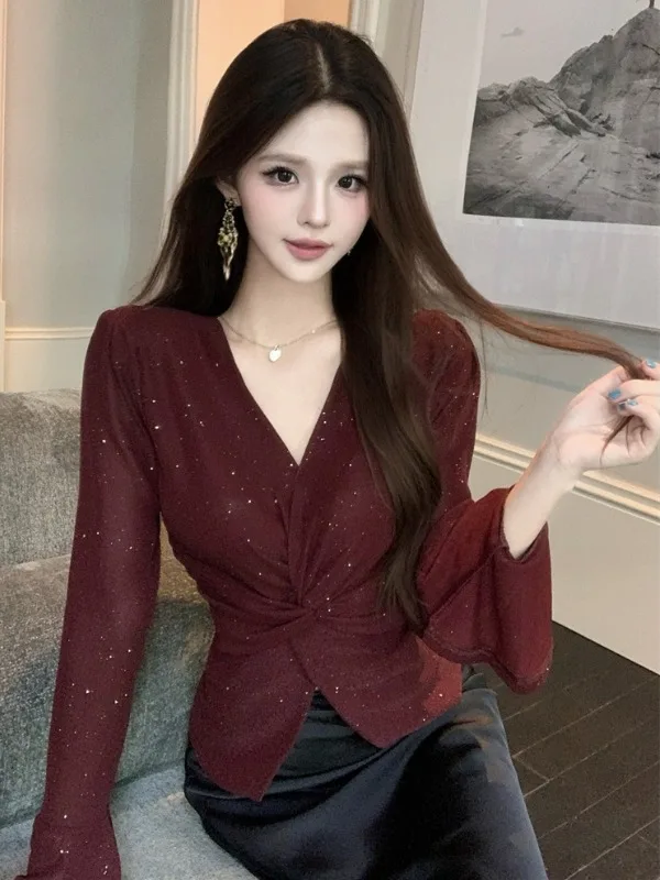 French Style Cross V-Neck Bell Sleeve T-Shirt Women's Fashion Split Design Autumn New Arrival Elegant Top City Walk Knitted