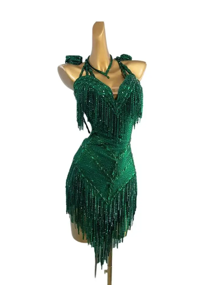 Latin danskostuum AB Steen Vrouwelijke Volwassen Kinderen High-End Aangepaste Jade Groene Jurk Samba Prestaties Jurk - afbeelding 2